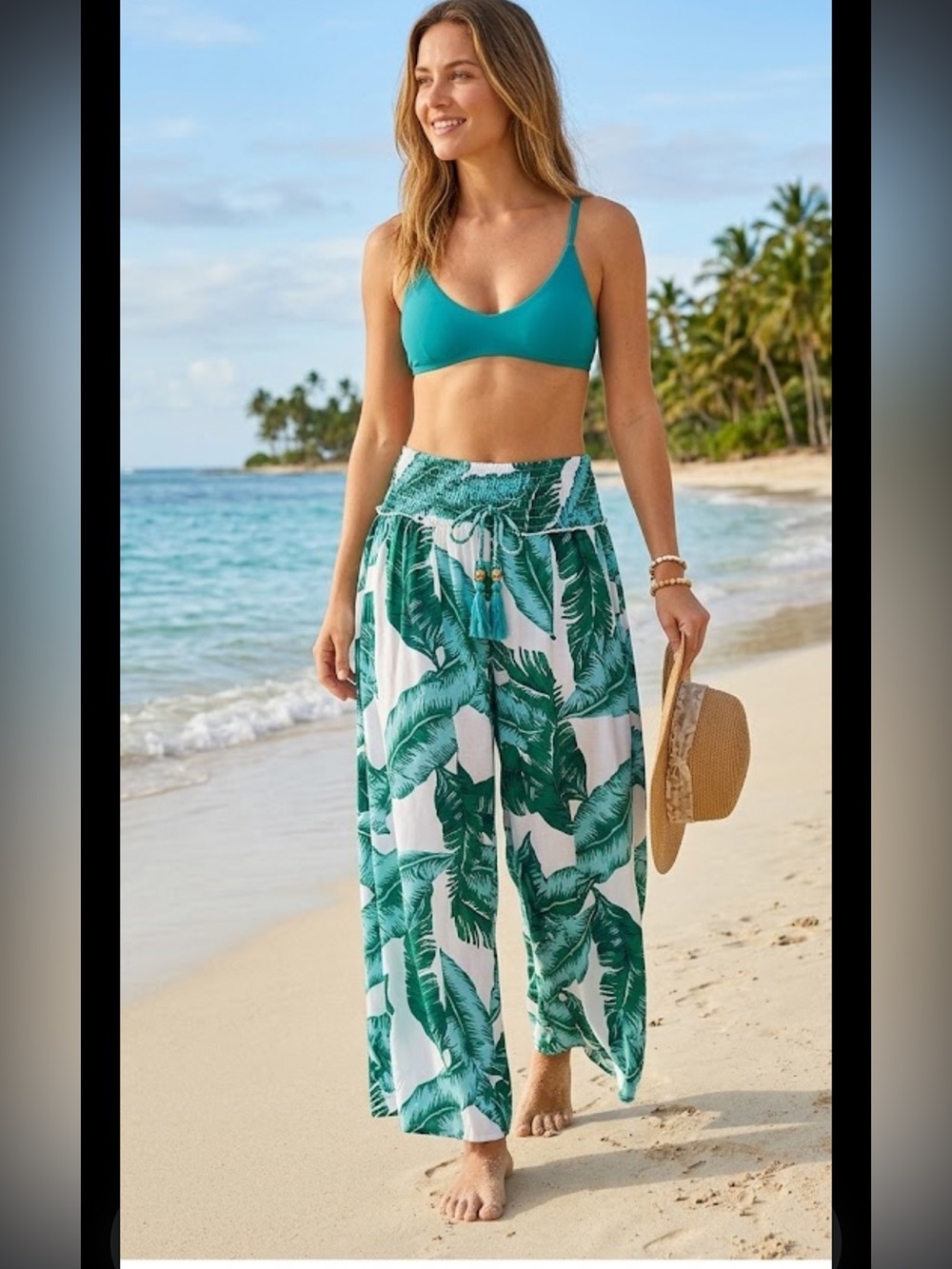 True destinations Women's Tropical Leaf Palazzo Pants - Green White